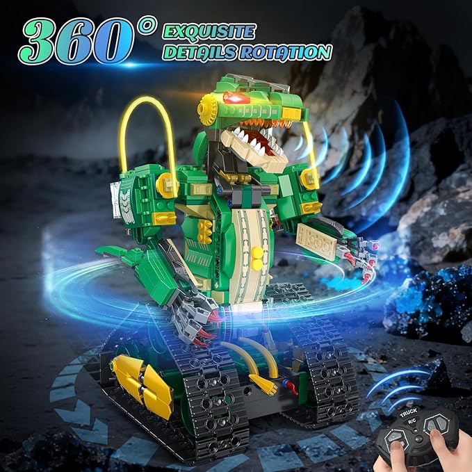 RC Dinosaur Building Toy with Light 5 in 1 Remote Controll Building Block Kit 877 PCS Tech Rechargeable Dinosaur Robot Toys Easter Birthday for Kids Boys Age 8 9 10 11 12+