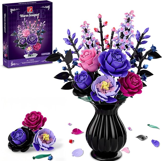 Flowers Bouquet Building Set - Purple Roses Botanical Collection Building Blocks for Adult Women Artificial Flowers Gothic Home Decor Mother's Day Birthday Gift for Adults Kids Girls 6-12 (806PCS)