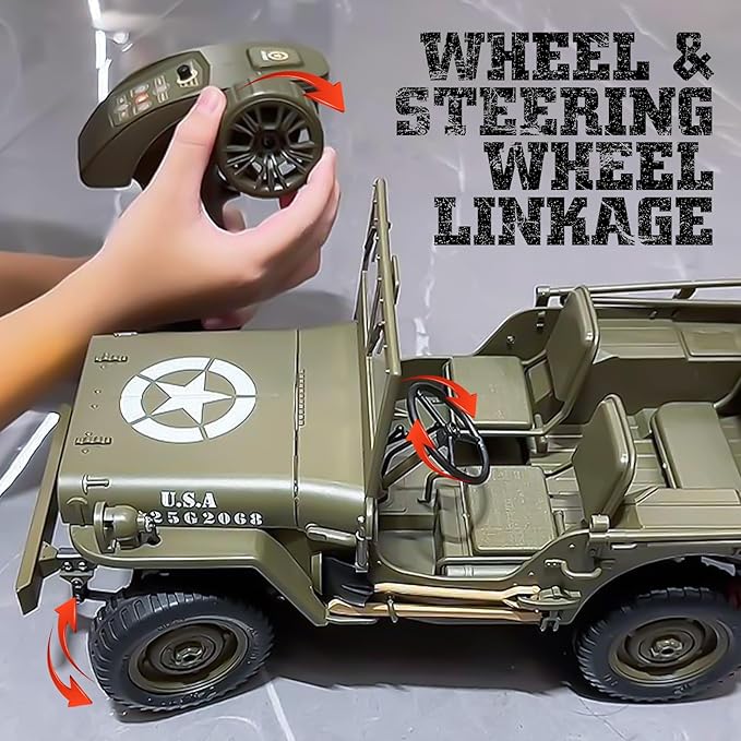 1/10 Scale RC Military SUV Remote Control 4WD Off-Road Vehicle with Alloy Frame Chassis with Winch and Capstan Army Vehicle with Opening Hood and Folding Windshield 2 Batteries