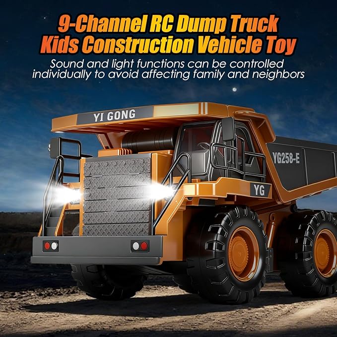 HuiJuKeJi Remote Control Dump Truck - 360° Rotating Metal Bed 9-Channel RC Construction Toy for Indoor Outdoor Play Rechargeable with Lights &amp Sounds for Kids Ages 6+