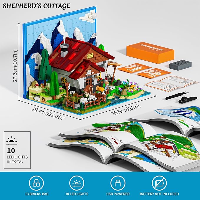 Farm Shepherd's-Cottage Lighting Building-Bricks-Set - Farm Life Sheep Stone House Collection LED Light Cottage Model Display Set 2265 Pcs for Adults