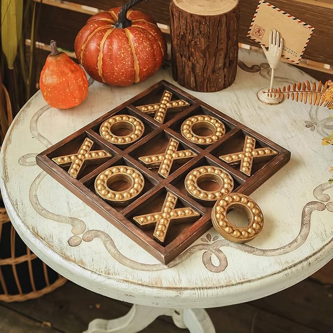 NIKKY HOME Tic Tac Toe Game Coffee Table Decor 10.6 Inch Rustic Wooden Board Gold