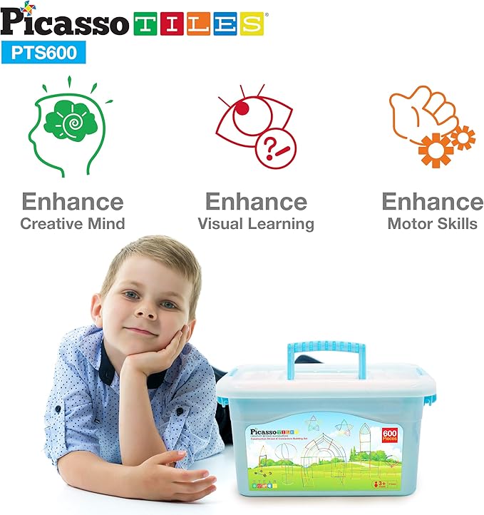 PicassoTiles 600pc Construction Toy Straw Building Set Children STEM Learning Interlocking Building Toys Creative Straw Connecting Builder Kits Early Education Kit for Kids Boys &amp Girls Ages 3+ PT