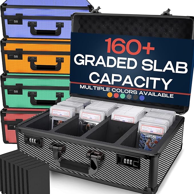 VALUN CARBON FIBER 160+ Slab Graded Card Storage Box (4 ROWS) Durable Sports PSA Card Storage Box - Organizer Slab for Your Collection - For Baseball Football TCG MTG Cards - Top Loader Design