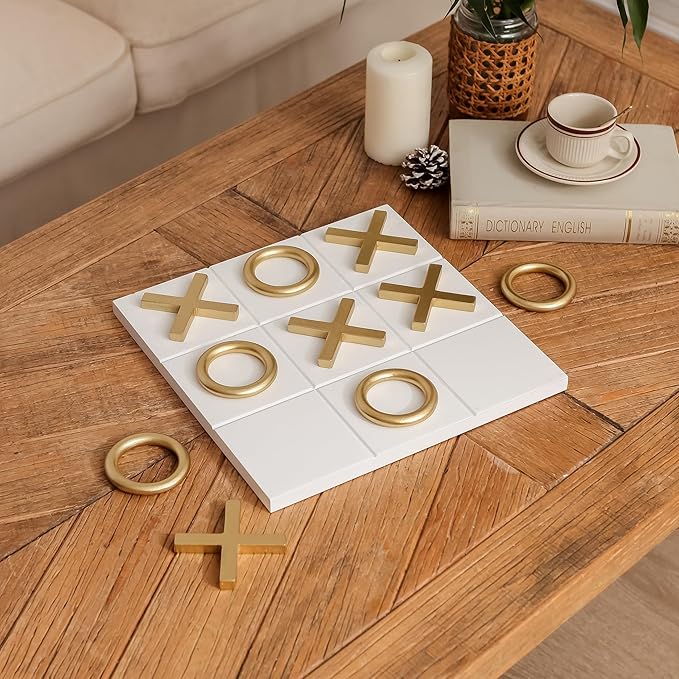 NIKKY HOME 12x12 Inch Tic Tac Toe Wood Game Board Classic Coffee Table Decor Modern Wooden Travel Game for Family White &amp Gold