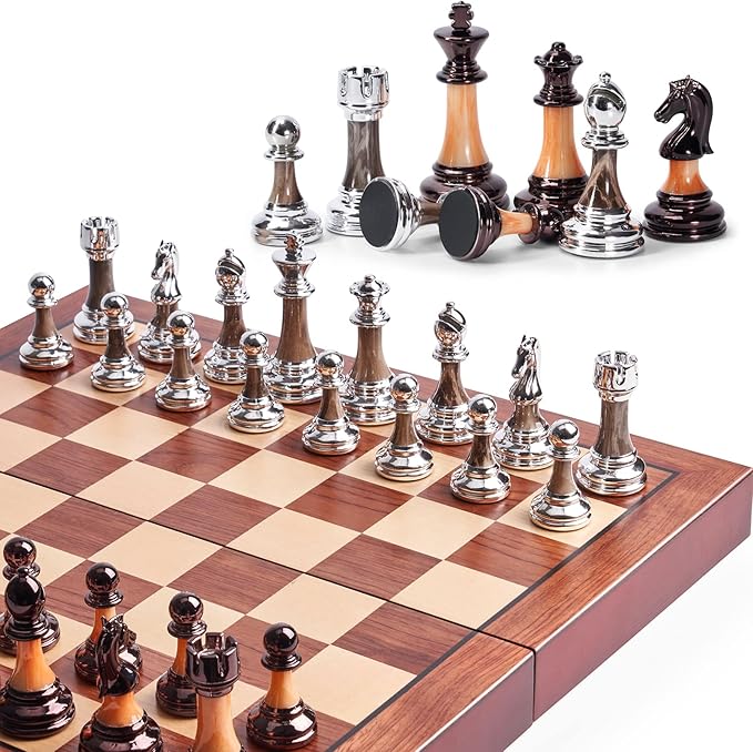 VAMSLOVE Chess Set Large 16''/42cm Folding Wooden Board with Deluxe Weighted Acrylic Chess Pieces - 3.5 King with Storage Slots for Adults House Warming Retirement Gift