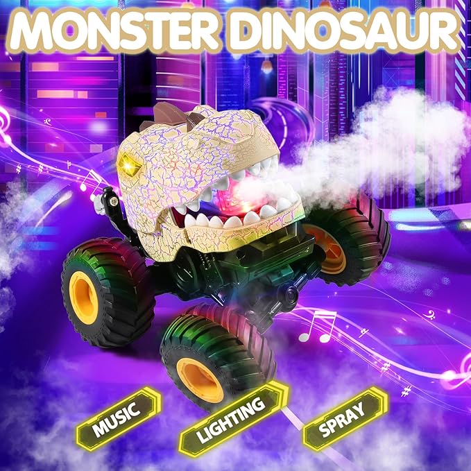DYODYORC Remote Control Car 2.4Ghz All Terrain Dinosaur Monster Truck Toys RC Truck with Spay Music 3 Lighting Effects Stunt Capable Toy Gifts for Boys and Girls (Yellow)