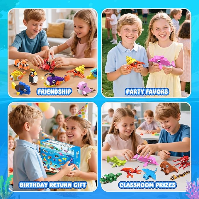 30 Pack Animals Easter Party Favors For Kids 824PCS Marine Animal Building Block Sets for Easter Basket Fillers Goodie Bags Stuffer Classroom Prizes Stocking Stuffers Birthday Gifts for Boys Girls 6+