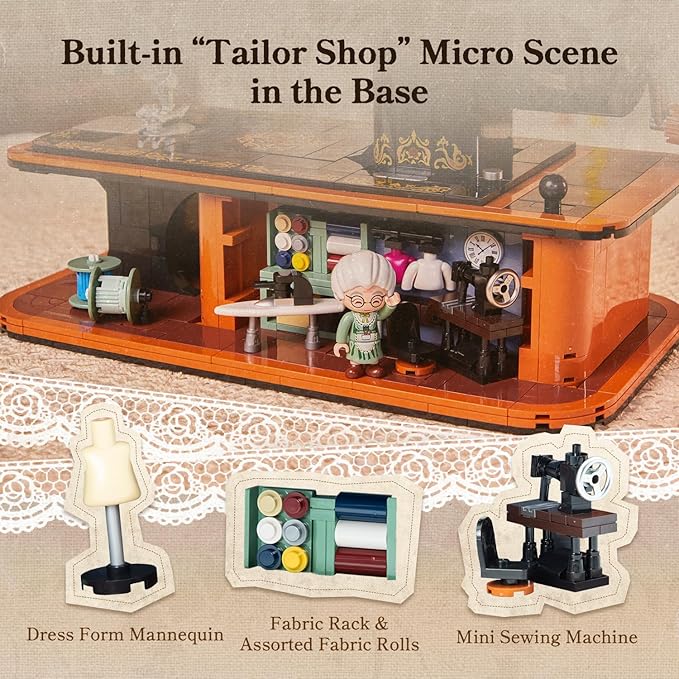 PANTASY Retro Building Set Vintage Hand Crank Sewing Machine Brick Model Collectible with Functional Gear Linkage Hidden Mini Tailor Shop Scene Adult Display and Desk Decor Gift