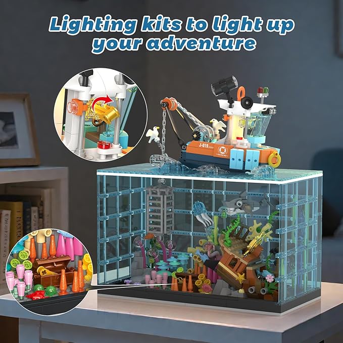 Fish Tank Building Blocks Set Aquarium Building Set with LED Lights Including Ocean Shark Jellyfish Fishing Boat STEM Gift for Kids Boys Girls Age 8-12+ and Adults(830PCS)