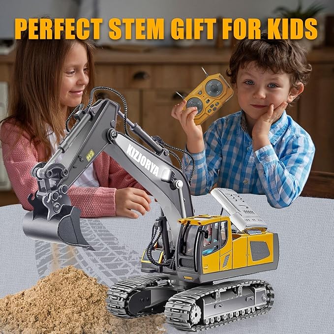 Remote Control Excavator Toys for Boys Age 6-12 Rechargeable 11 CH RC Construction Vehicles Truck with Sound Light Metal Shovel Birthday for Kids 7 8 9 10+ Year Old(2.4 GHz)