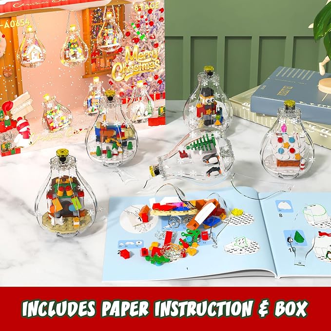 Christmas Tree Ornaments Building Set with Light Santa Claus Gingerbread House Nutcracker Penguin Bear Building Kit in Bulbs 6 Pack Xmas Decorations Stocking Stuffers Gift for Kids (405 PCS)