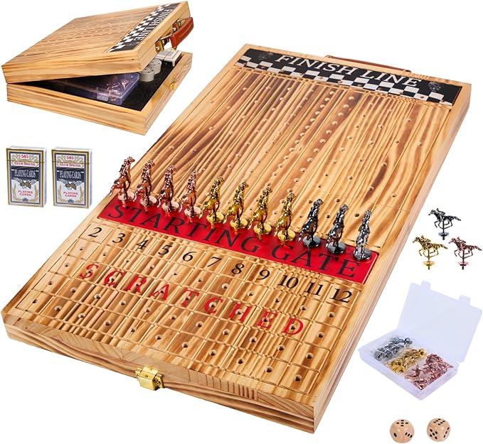 Horse Race Board Game Solid Wood Foldable Racing Board with 11 Metal Horses 2 Dice and 2 Boxes of Cards Portable Travel Game for Family Parties and Holiday Gatherings