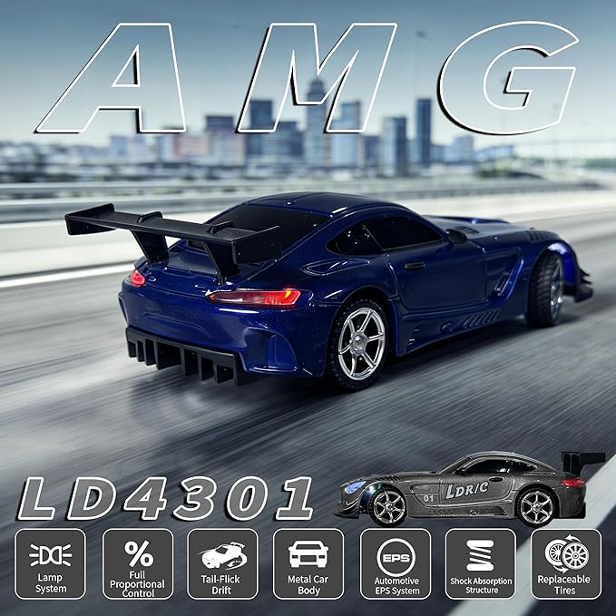 LDRC LD4301 1:43 Scale RC Drift Mini Car 2.4G Remote Control Car with Alloy Shell Built-in Gyroscope Mini Desktop Racing Vehicle for Indoor/Outdoor Play (Blue)