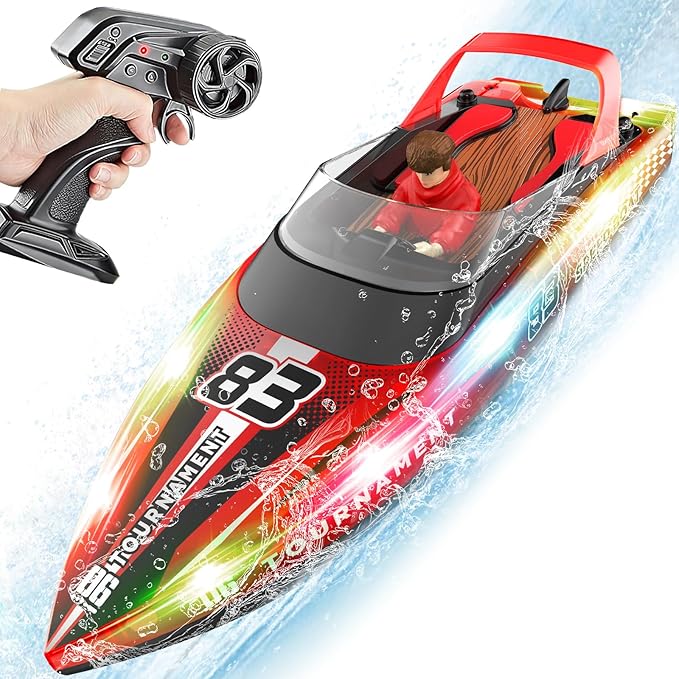 RC Boat with LED Lights 40+ Mins Self-Righting Waterproof Remote Control Boat for Pools Lakes Bathtubs Summer Water Toys for Kids Radio Controlled Watercraft (Red)