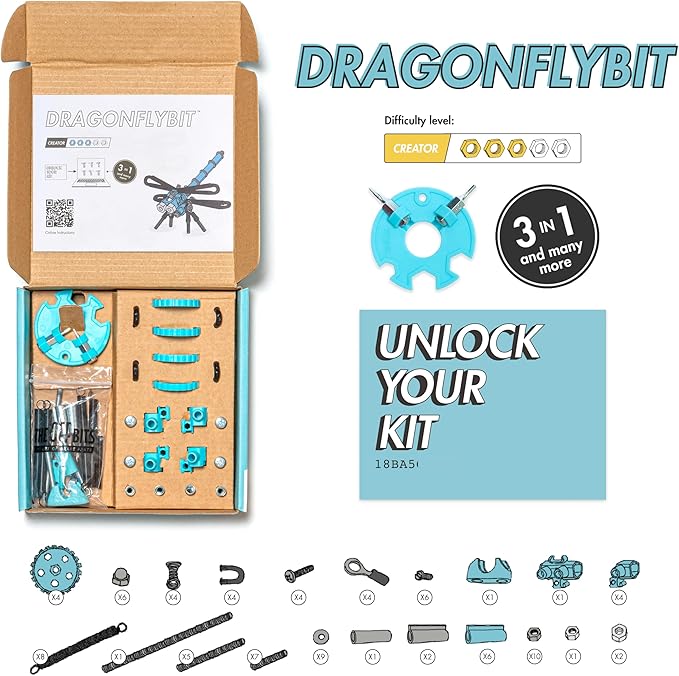 The Off Bits Erector Set: Animal Mini STEM Toys for Kids 6+ Toy Building Sets with Nuts &amp Bolts STEM Building Toys Gifts for Boys and Girls (Blue Dragonfy)