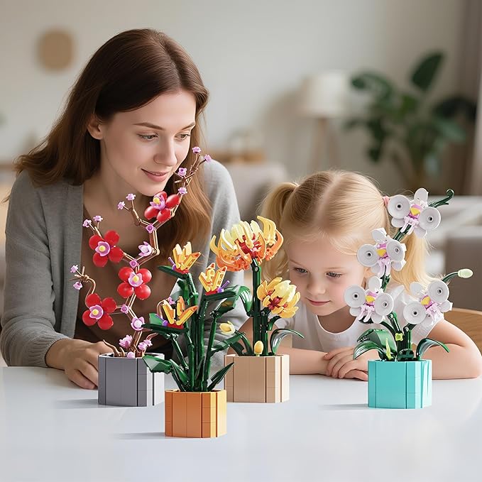 Flower Bouquet Building Blocks 4 Set Artificial Flowers Toys Botanical Collection DIY Unique Home&ampOffice Bonsai Decoration Adults Teen Girls for Birthday