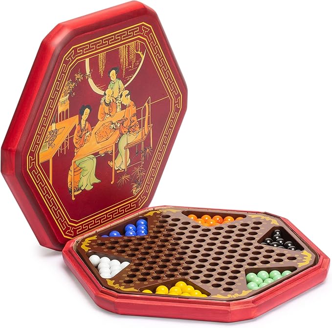 Yellow Mountain Imports Classic Chinese Checkers Halma Board Game Set with Storage 12.6-inch Wooden Board and Solid Color 16-Millimeter Glass Marbles