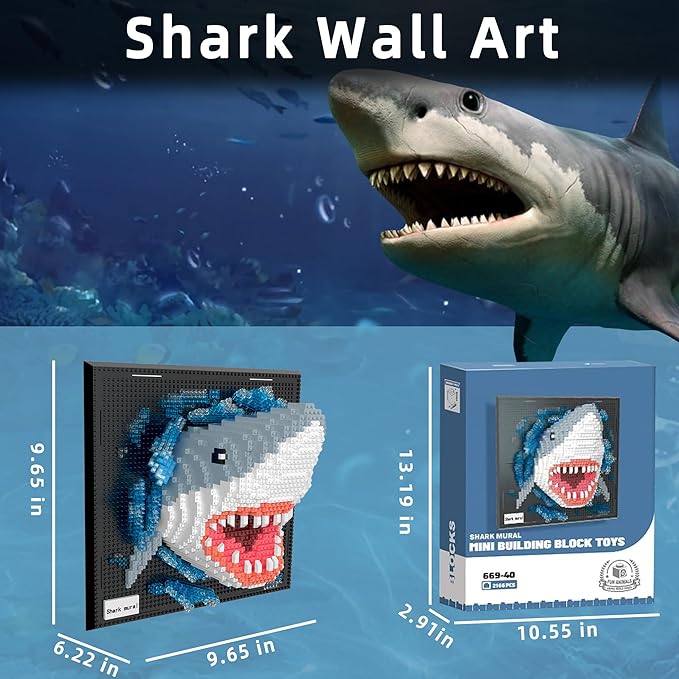 Mini Building Blocks Set Shark Mural - 3D Cute Animal Wall Art Shark Craft Kit Micro Mini Block Bricks Creative Ideals Building Toy Collectible Architecture Decoration Party Favor for Adult 2166PCS
