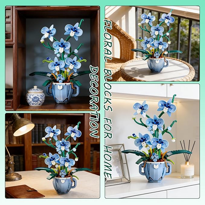 Blue Orchid Flower Building Set with Vase for Adults Compatible with Lego Botanical Flowers 567pcs Ideas Plant Collection Toys for Home and Office Decor Gifts for Christmas Mother's Day