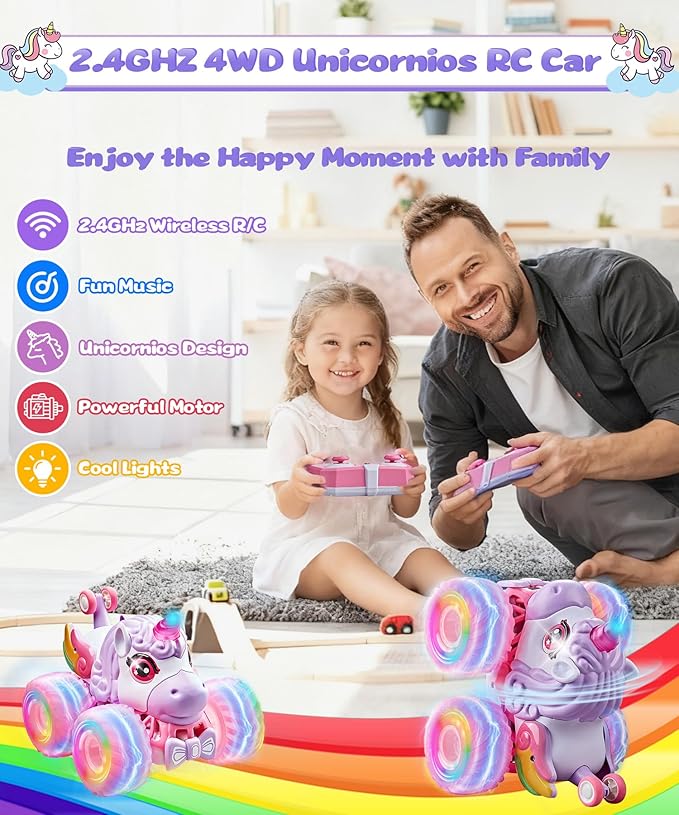 Remote Control Car Unicornios Trucks with Lights and Music360°Rotating 4WD Stunt RC Cars Toys for Girls 2.4 GHz Rechargeable All Terrain RC Toys Presents for Girls Age 3-10 (With Storage Bag)