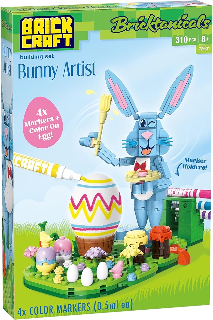 Brickcraft Bricktanicals Bunny Artist Building Brick Set - 310 Piece Easter Rabbit Kit with 4 Color Markers Egg Decorating Spring Decor Display Kids Arts Crafts Activity Ages 8+ Gift for Boys Girls