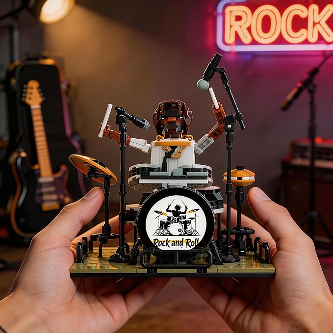 Dynamic Drummer Building Kit - 428-Piece Rock Concert Stage with Poseable Figure &amp Adjustable Drum Set Adult Collectible Model for Music Lovers Home Office Desk Decor Ages 14+