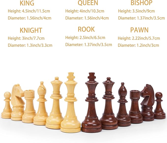 Vamslove Wooden Chess Pieces Large 4.5'' King Set of 32 Luxury Staunton Wood Chessmen for Chess Game Board (Chess Pieces Only) Velvet Storage Bags Included