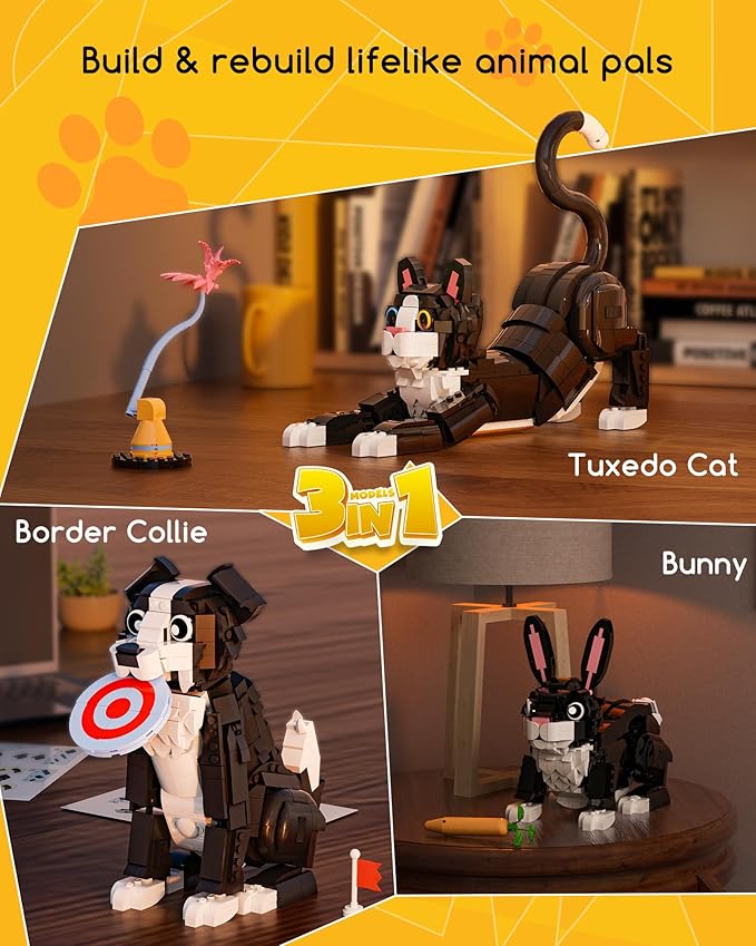 3 in 1 Animal Tuxedo Cat Building Set - Animal Figurines with 3 Building Options into Cat Dog or Rabbit - Learning Toy Birthday Gift for Kids Girls &amp Boys Ages 6+
