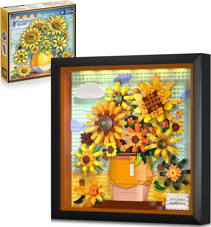 HOGOKIDS Flowers Sunflower Building Set with Lights - 807PCS Painting Frame Artwork Botanical Collection Mini Building Blocks for Home Dcor Wall Art Architecture Set Easter Gift for Adults Teens