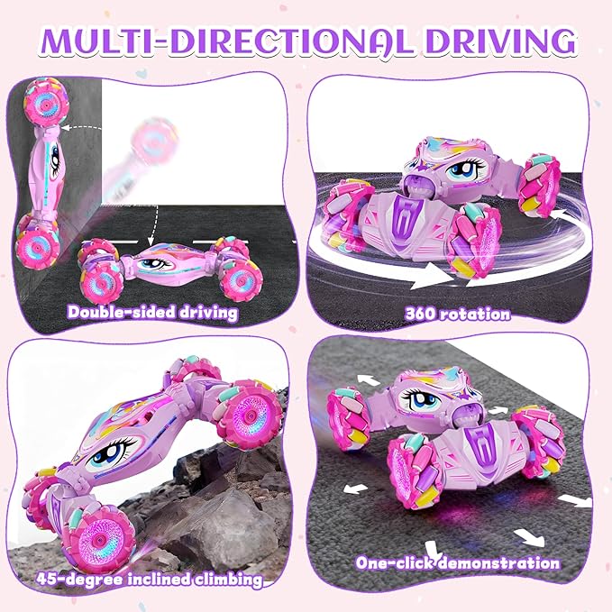 Unicorn Remote Control Car for Girls Age 6-8-12 Pink RC Gesture Sensing Stunt Cars 2.4Ghz 4WD RC Cars Hand Controlled Remote Control Twist Car with Light &amp Music Gift for Kids Age 6 7 8 9 10 11