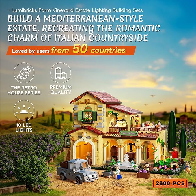 Farm Vineyard-Estate Lighting Building-Bricks-Set - 2800 Pcs Winery Chateau House Collection LED Light Wine Cottage Model Display Set for Adults and Farm Series Building Collectors