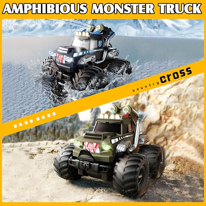 Dual Remote Control RC Car with Magic Gesture Wristband &amp 40+ Min Play 1:18 Fully Submersible Waterproof All Terrain 4WD Monster Truck Amphibious Toy Crawler Gift for Boys Girls Ages 6-12-Green