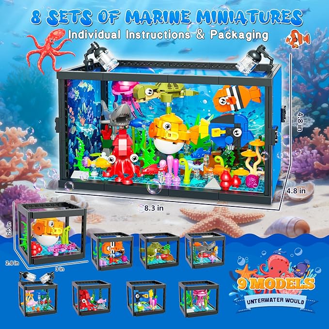 8 in 1 Aquarium Building Sets with Light Compatible with Lego Fish Tank Building Kits Including Sharks Turtles Octopus Sea Animal Party Favor Toys for Boys Girls Kids Aged 8-12 640PCS