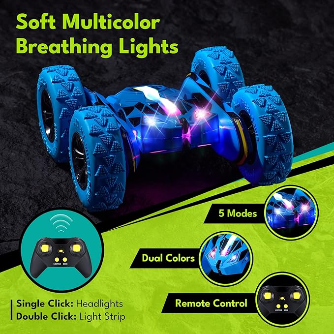 Threeking New Remote Control Car RC Flip Stunt Double Sided Driving Cars Toys for Boys Girls Ages 6-12 USB-C Modular Batteries 4WD 360° Flips with Breathing Soft Lights Presents Gifts Blue