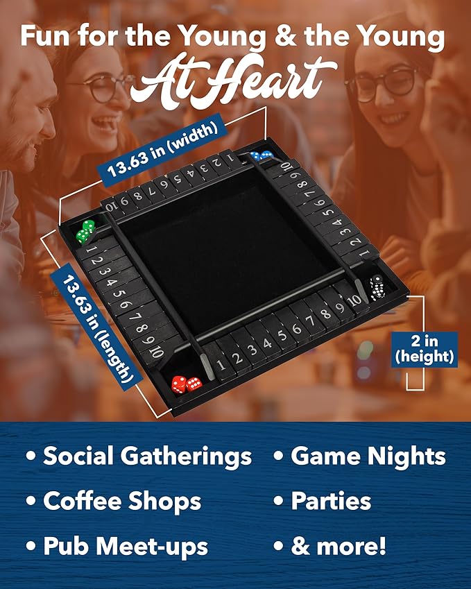 WE Games Wooden Shut The Box Game 4 Player - 10 Number Tiles &amp 8 Dice - Large 14-Inch Black Stained Wood Finish