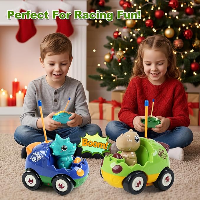 2-Pack RC Dinosaur Cars for Kids - Remote Control Dinosaur Toy Cars with Music and Lights Birthday Gift Toy for Boys Ages 2 3 4 5 Year Old and Toddlers 18+ Months