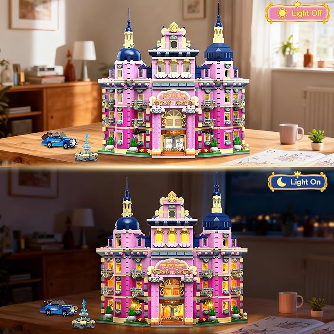 Pink Estate House Building Set with Lights 3 Style Pinkspire Construction Model with Car Fountain 1815 PCS Friends Villa Castle Building Block Kit Home Decor Gift for Adults Boys Girls 8-12+