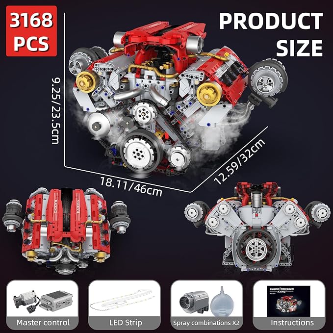 V8 Engine Building Kit That Works Build Your Own Model Engine for Adult8-Cylinder Car Engine with Spray &amp Light Building Engineering Toys for Kids Adults (3168PCS)