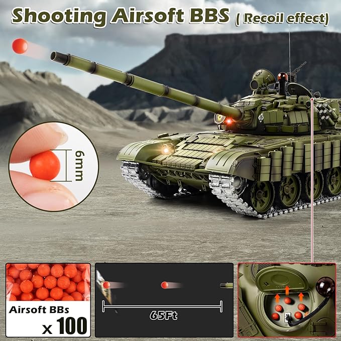 1/16 RC Tank Heng Long Soviet Union T-72 model Army Toy with Smoke Sound Light 2.4G Remote Control Tank That Shoot with Upgraded Metal Track Idler and Sprocket Wheel Steel Gearbox Two Batteries