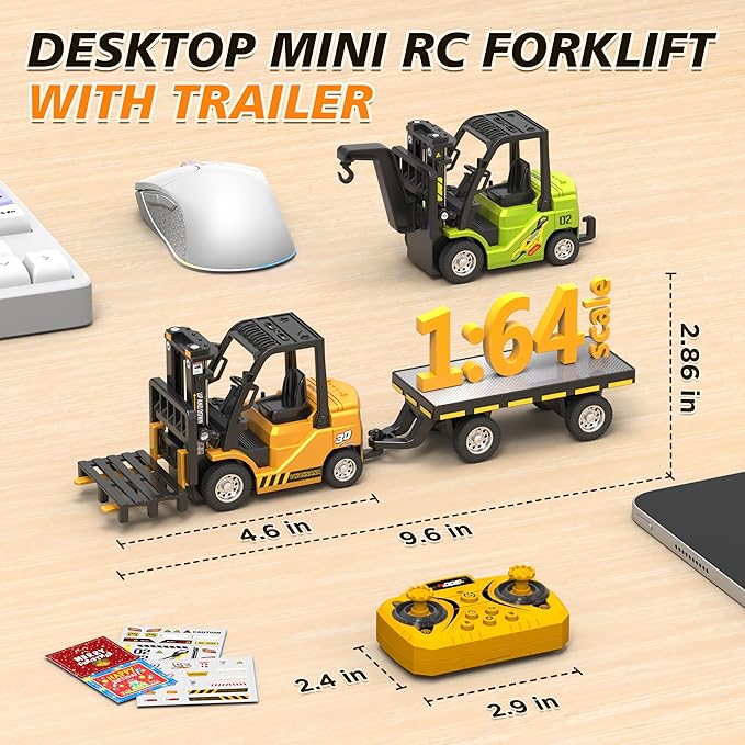1/64 RC Forklift Toy 3 in 1 Mini Forklift Remote Control &amp App Remote Control Forklift with Trailer &amp Fork &amp Hook 10CH Alloy RC Construction Vehicles Desktop Toy for Adults Kids Boys Gi
