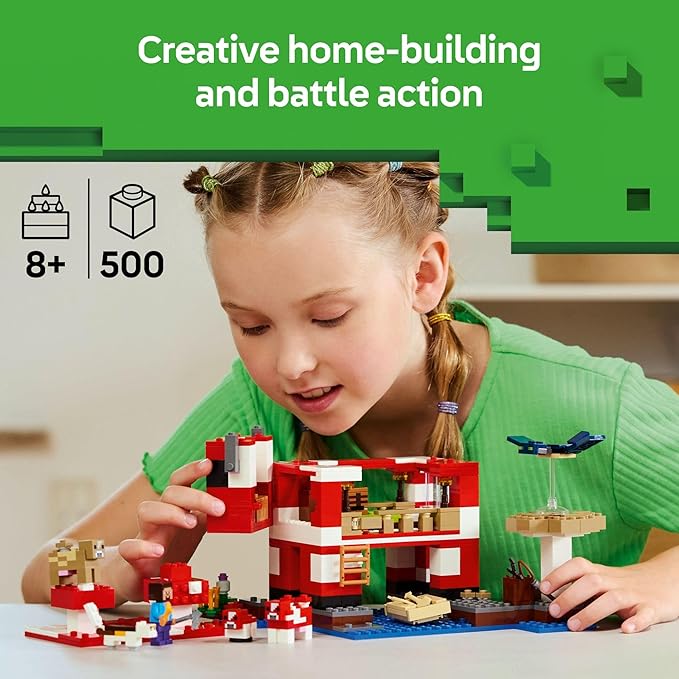 LEGO Minecraft The Mooshroom House Toy Figures and Playset - Building Minecraft Toy for Kids Boys and Girls Ages 8+ - with Steve and Other Figures for Pretend Play - Gift Idea for Birthdays - 21270