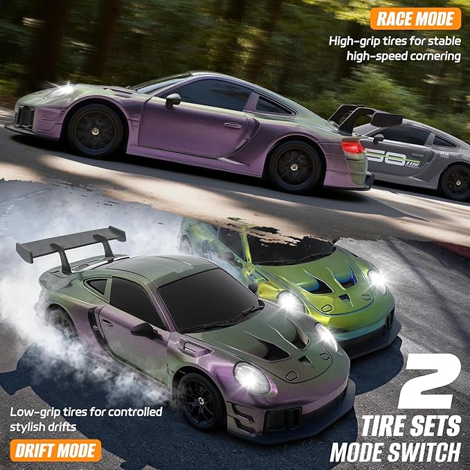 RC Drift Car 1:24 4WD Remote Control Cars Vehicle with LED Light2.4GHz 20KM/H High Speed RC Cars with Two Batteries &amp Drifting Tires Racing Sport Toy for Adults Boys Girls Kids