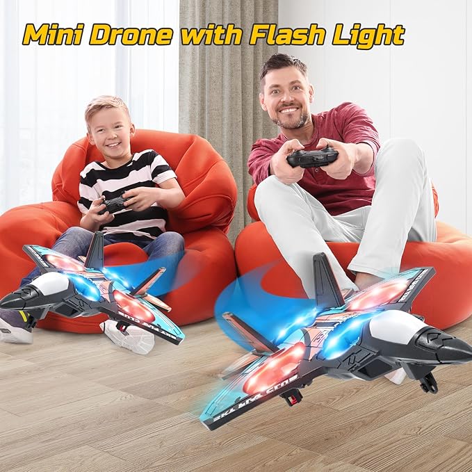 Foam RC Plane Drone for Kids Remote Control Airplane Fighter Jet with LED Light Auto Hover 360°Flip 2 Batteries (16 Mins Flight) Easy to Fly for Beginners
