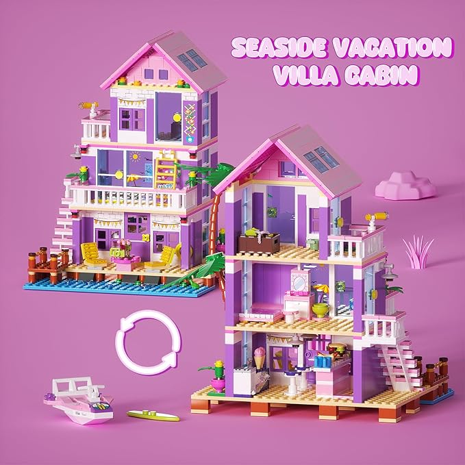 Beach House Building Sets Seaside Villa House Building Toys Compatible with Lego Friends Sets for Girls Age 8-12 Creative Holiday Cottage Building Kit Gift for Christmas Valentine's Day Party