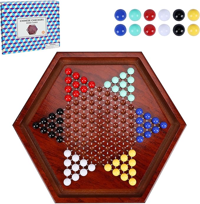 14 inches Wooden Chinese Checkers Set 60+12 Colorful Acrylic Marbles in 6 Colors Classic Strategy Games for Adults Kids and Seniors Fun for Whole Family Board Game (Up to 6 Players)
