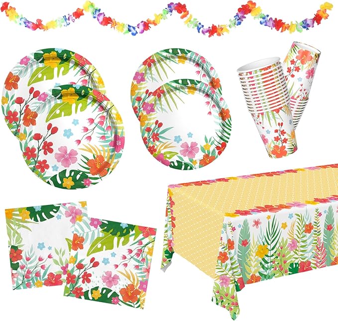 Tropical Luau Party Supplies Kit for 25 - Aloha Hawaiian Party Decorations with Disposable Paper Plates Napkins Cups Tablecloth and Banner | BBQs &amp Summer party