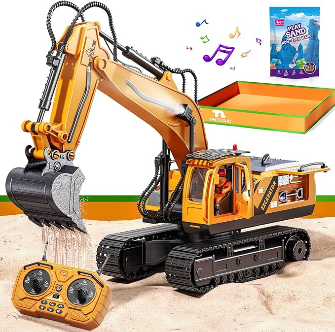 RC Excavator Toys for 3 4 5 6 7 8 Year Old Toddler Boys 15 Channel Remote Control Construction Toys W/Sandbox &amp 2.2 lb Sands Sandbox Toys W/Light &amp Sound Birthday Gift for Kids Boys Age 4-6