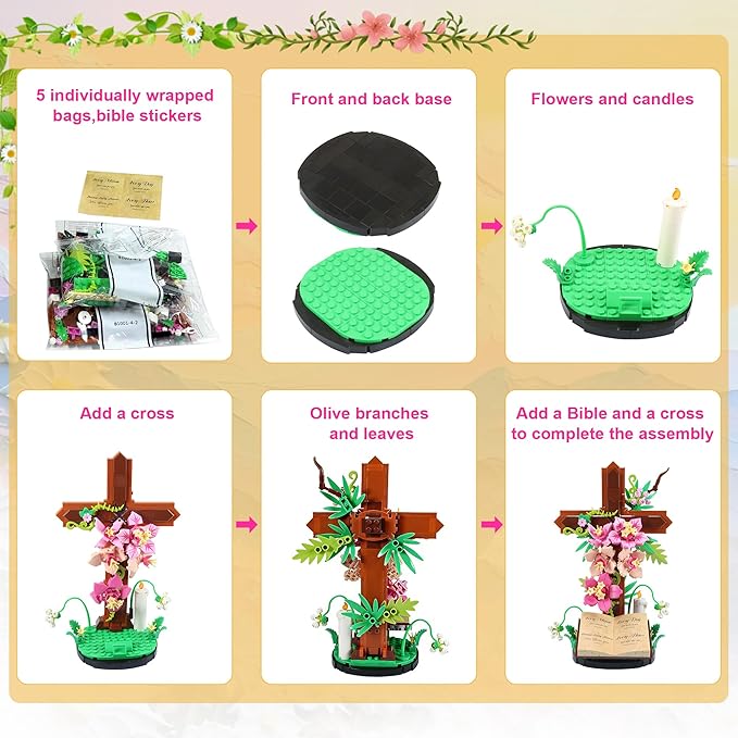 Jesus Cross Flower Building Set for Adults Decorative Cross Building Blocks Great Easter Christmas Christian Birthday Gifts for Mothers Women Adults (363 PCS)