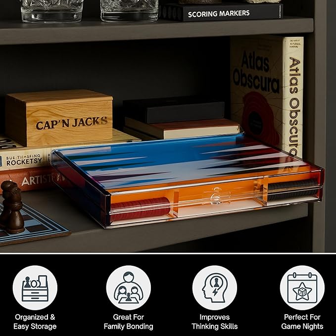 Bey-Berk Emmy Clear Acrylic Backgammon Set – 14 Board Game with Magnetic Closure Travel Storage Case